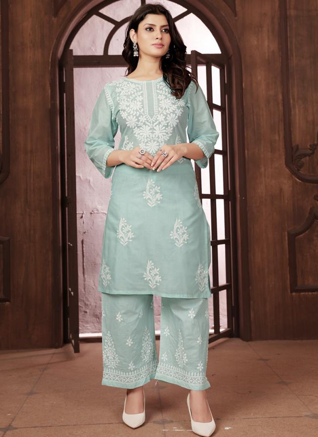 Cotton Mint Casual Wear Chikankari Embroidery Readymade Kurti With Plazzo